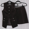 Chocolate corduroy vest and skirt set on hangers against a white background