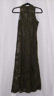 Olive green lace dress on a hanger against a white background