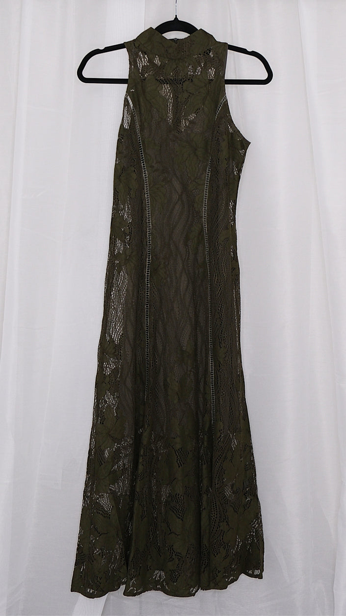 Olive green lace dress on a hanger against a white background