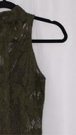 Olive green lace dress on a hanger against a white background