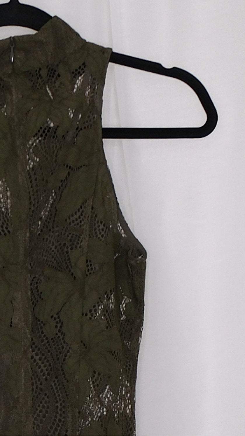 Olive green lace dress on a hanger against a white background