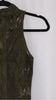 Olive green lace dress on a hanger against a white background