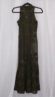 Olive green lace dress on a hanger against a white background