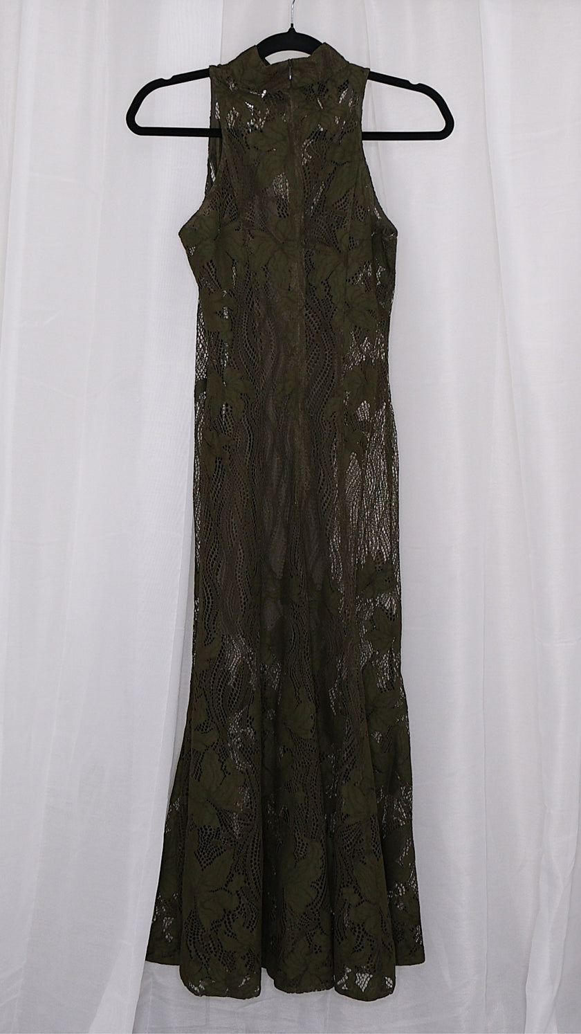Olive green lace dress on a hanger against a white background