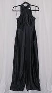 Black satin jumpsuit on a hanger against a white background