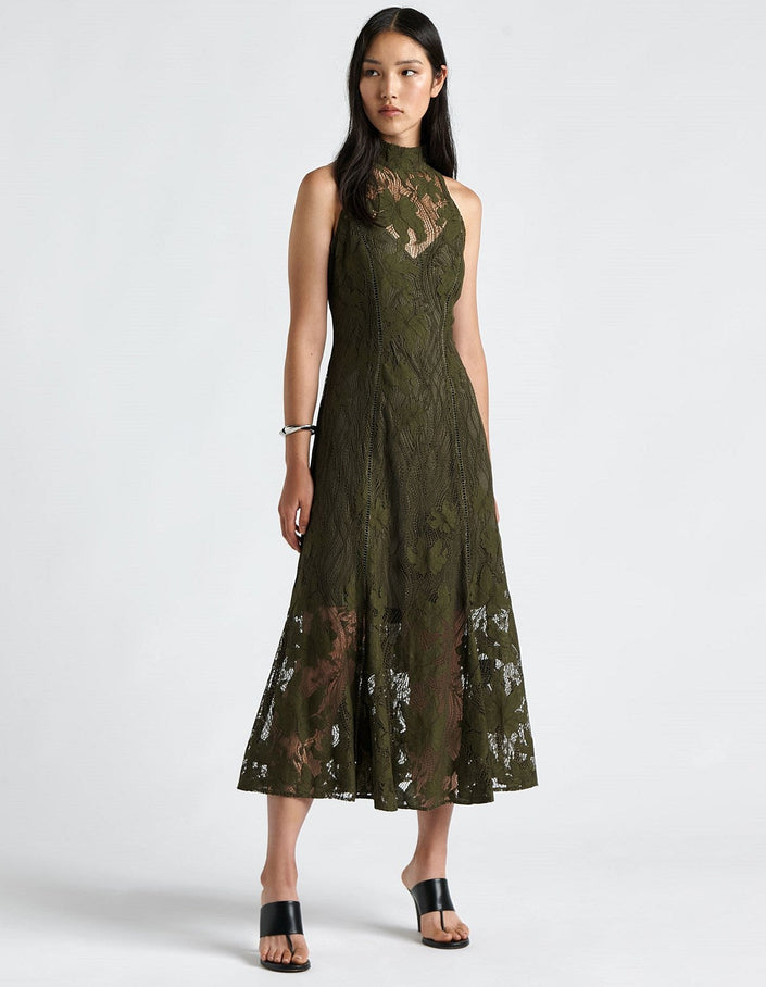 Cue Chantilly Olive Lace Halter Midi Dress - Size 6