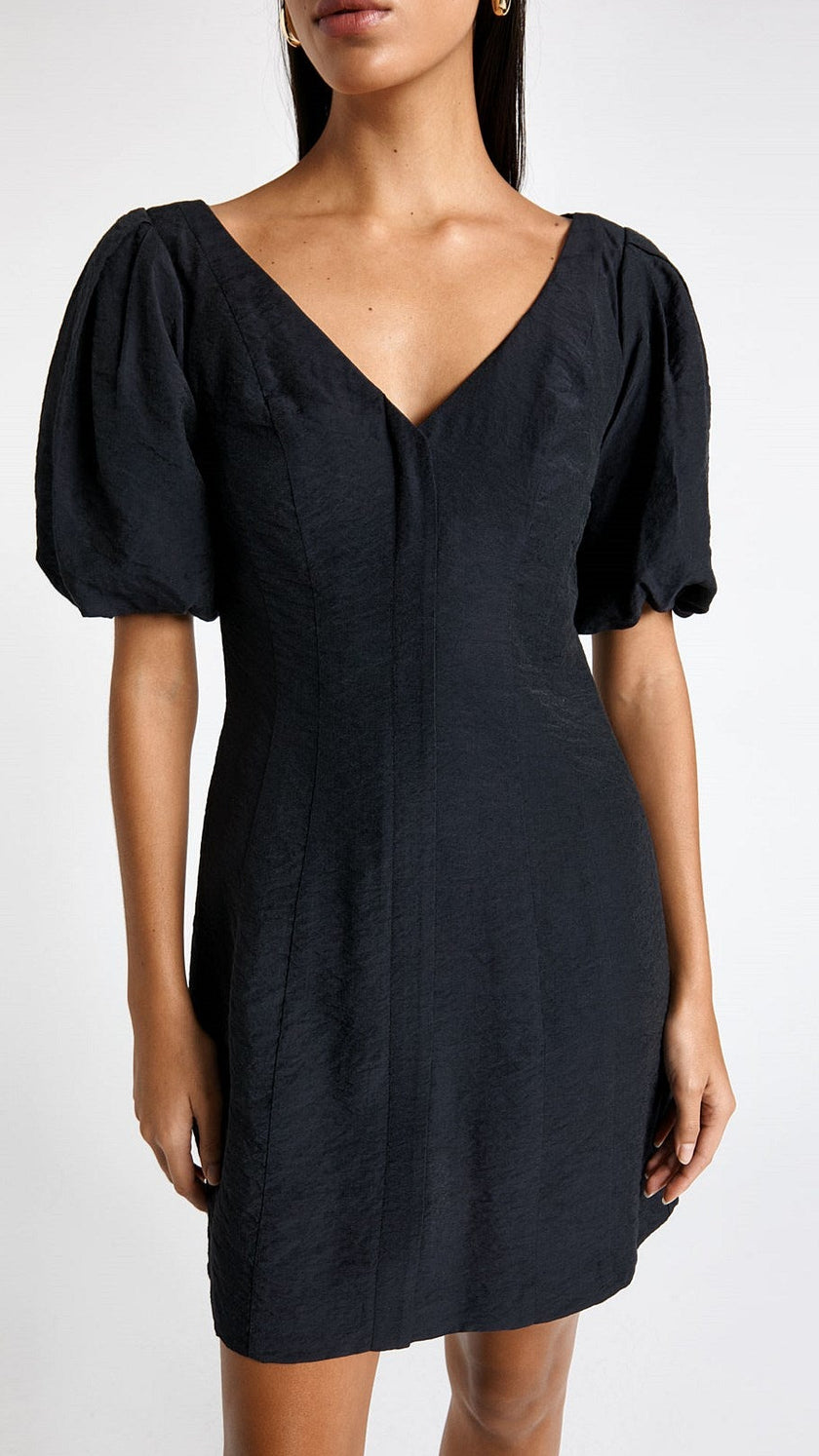 Cue Black Viscose Blend Puff Sleeve Mini Dress - Size 6